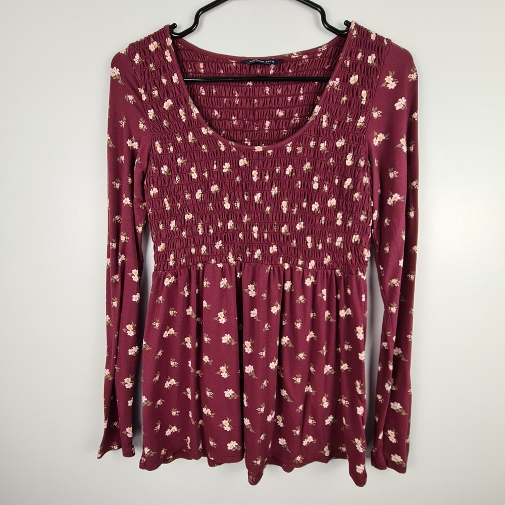 American Eagle Floral Smocked Peplum Long Sleeve Burgundy Top Small Cottage Core